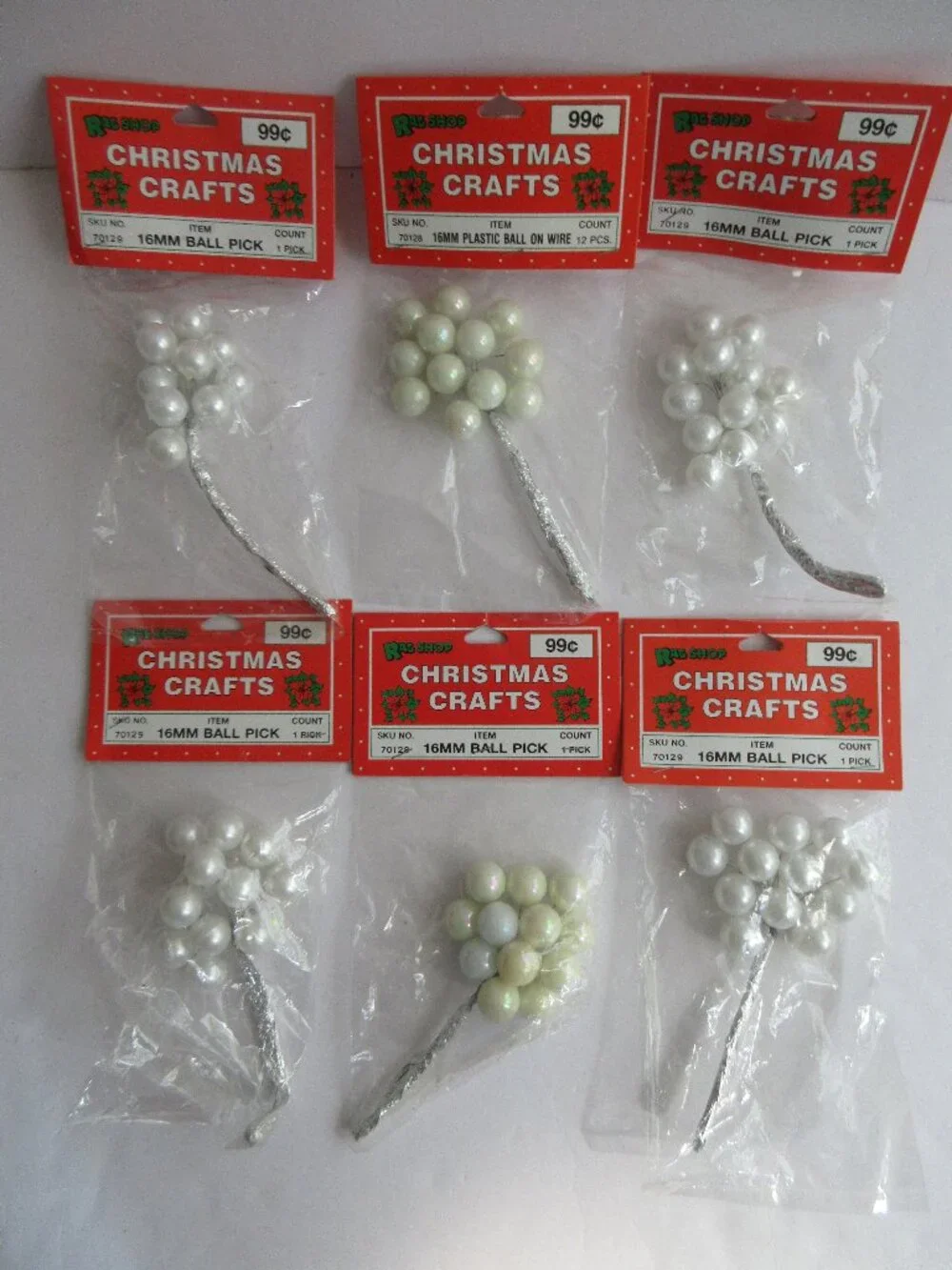 Christmas Craft 16mm Ball Picks (12) Pearl White Rag Shop 6 Pkgs NOS Vintage